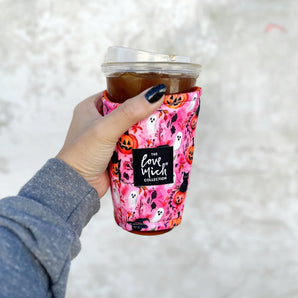 Pink Pumpkins & Black Cats  - Coffee Cozy - Drink Sleeve