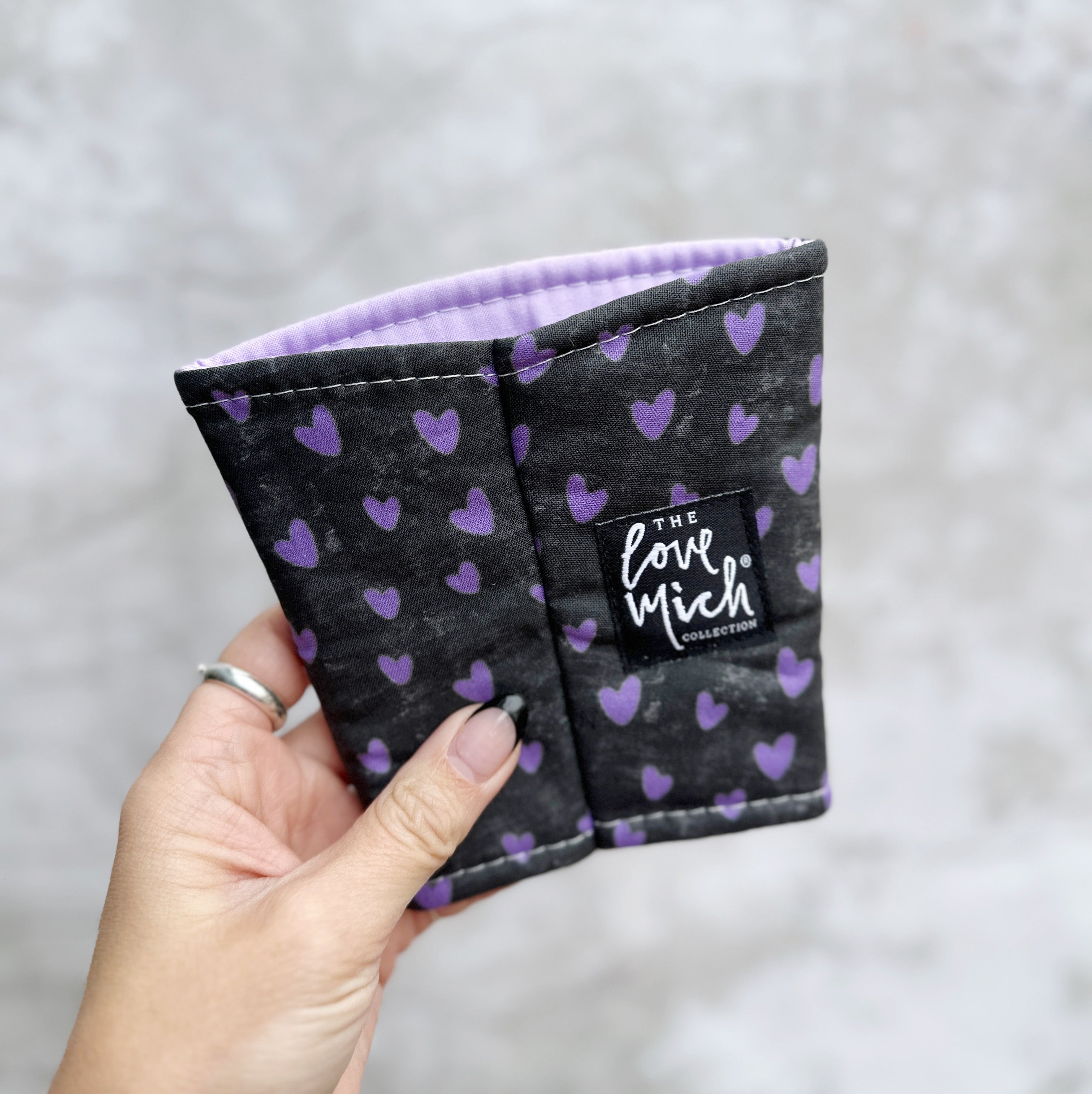 Purple Hearts on Distressed Chalkboard - Coffee Cozy - Love Mich Exclusive