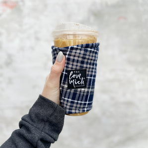 Navy & Gray Flannel Plaid- Coffee Cozy - Drink Sleeve