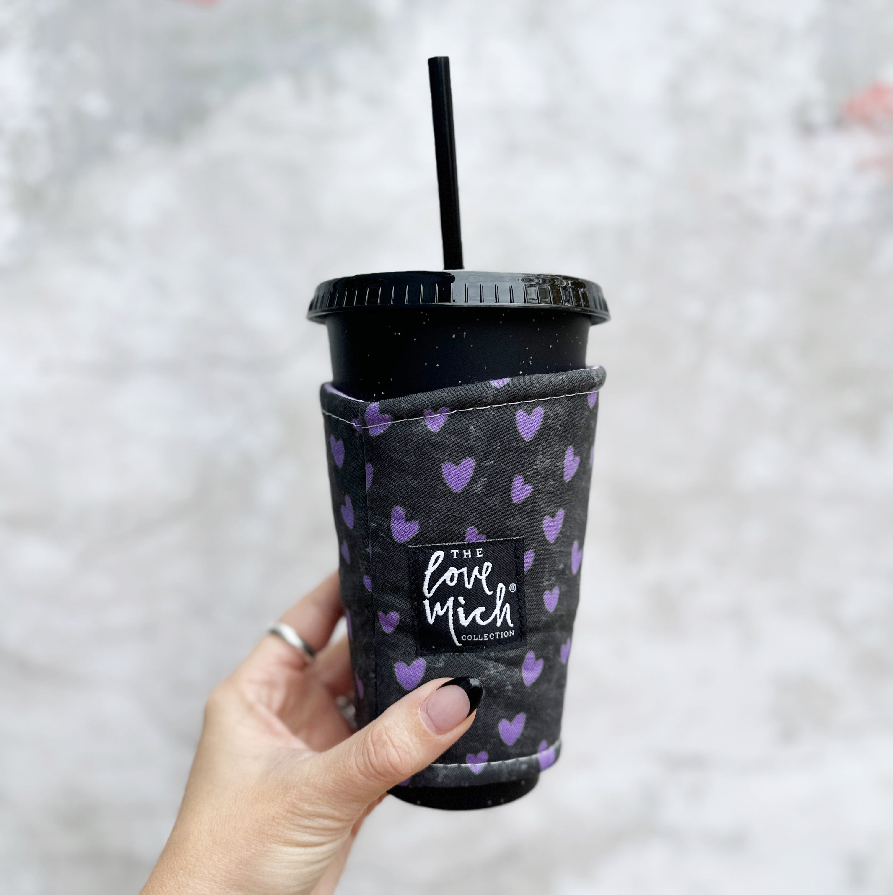 Purple Hearts on Distressed Chalkboard - Coffee Cozy - Love Mich Exclusive