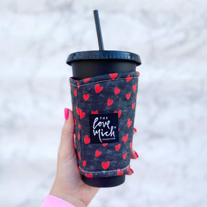 Red Hearts on Distressed Chalkboard - Coffee Cozy - Awareness Collection